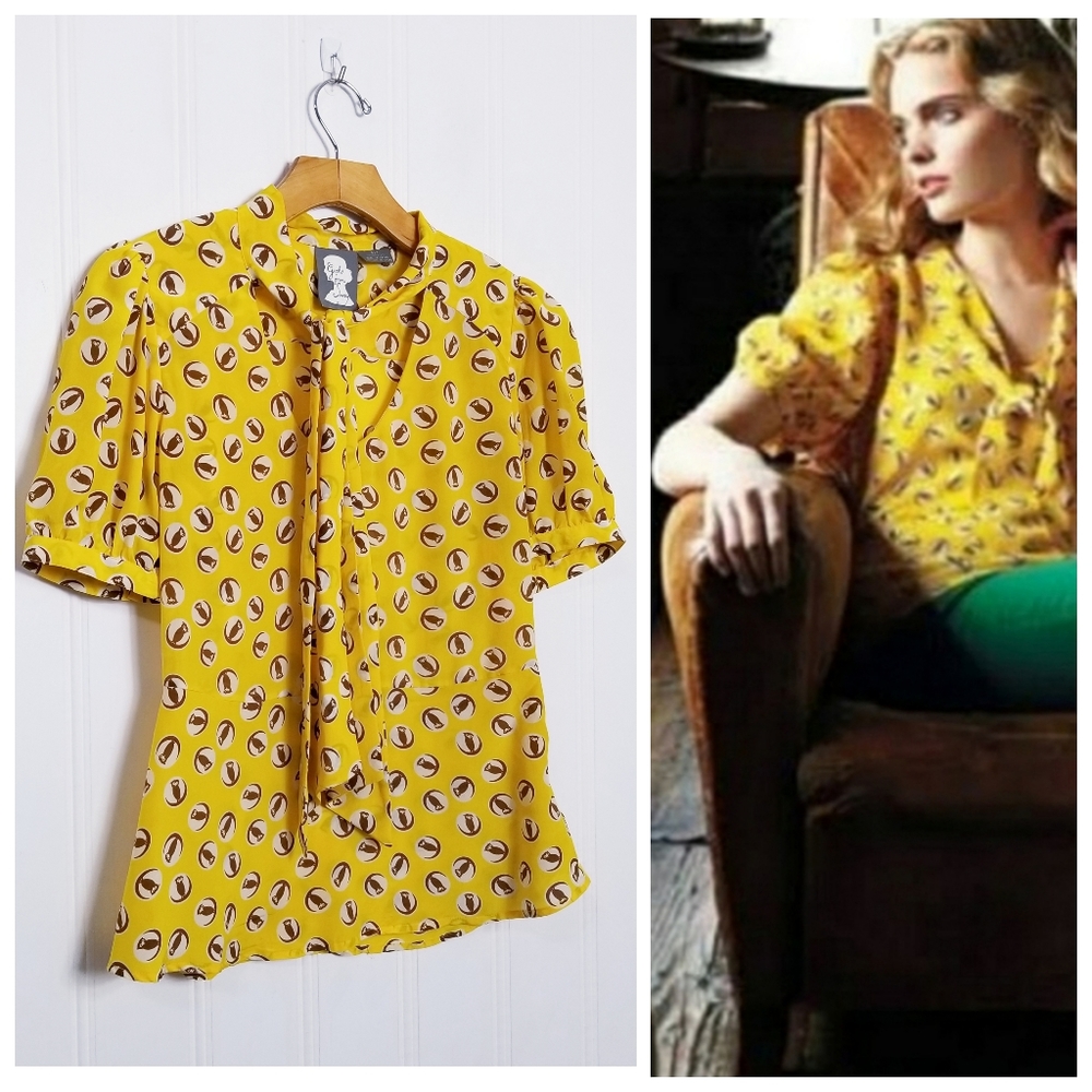 Girls of Savoy Yellow Silk Owl Print  Top